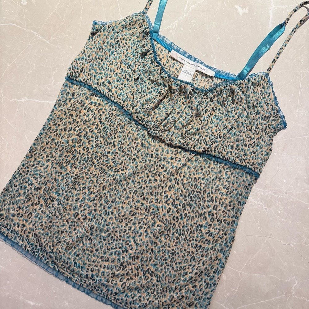 DVF Diane Von Furstenberg Leopard Print Cami Spaghetti Strap Y2K Women’s Top - Picture 6 of 7